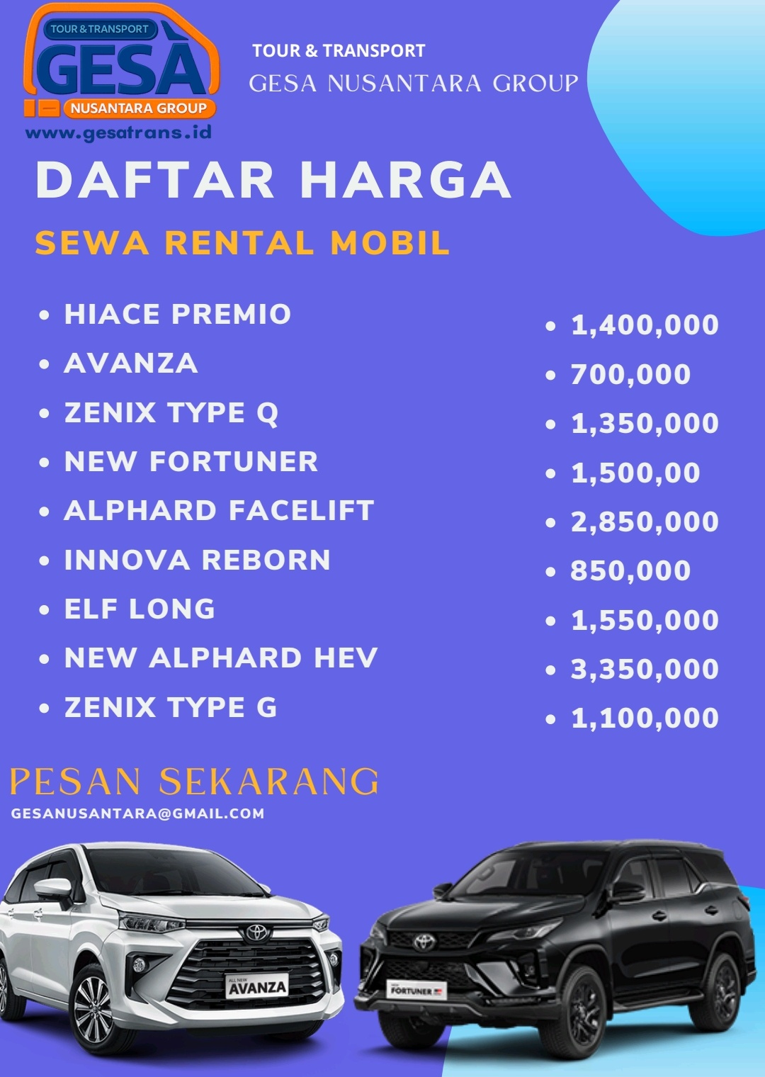 Daftar Harga Sewa Mobil Surabaya & Sidoarjo – Rental Mobil GESA Nusantara Group